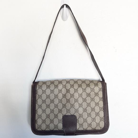 Vintage Gucci Bag Shoulder Purse Brown Monogram Logo Tan 70s 80s Flap - Picture 10 of 16